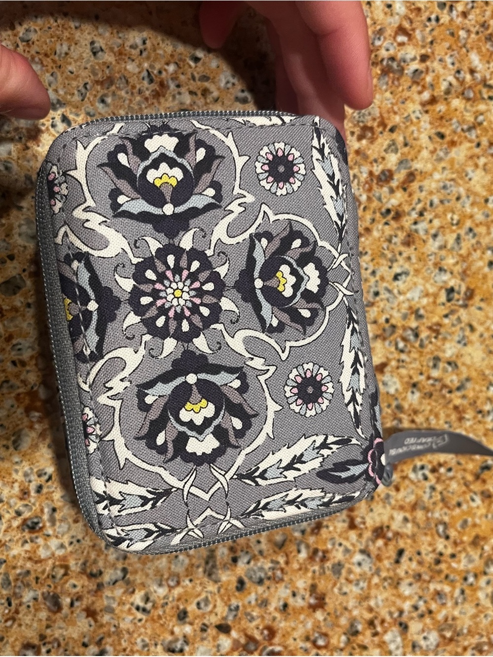 Vera Bradley Gray Floral Zipper Pouch with Pink and Yellow Accents